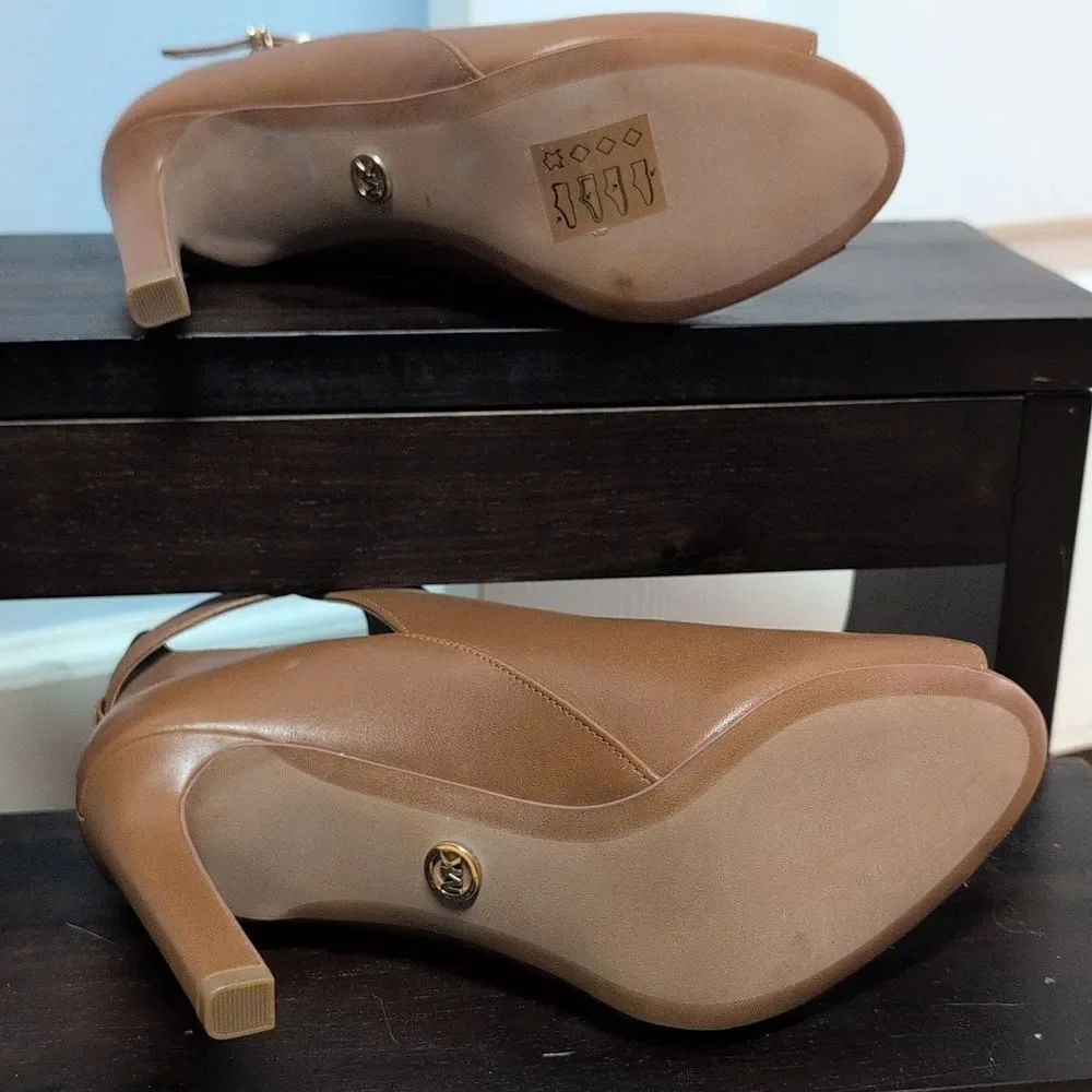Michael Kors Lawson Leather Strappy Buckle Brown Peep-Toe Boots Size 6.5M NEW